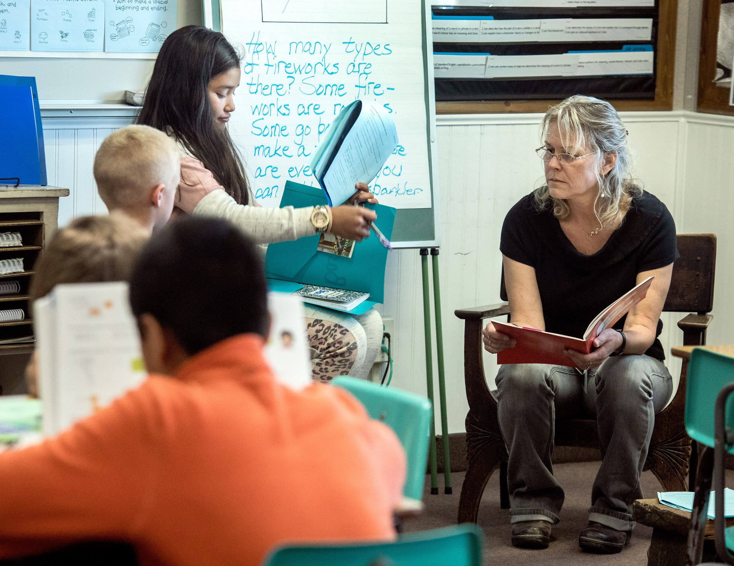 Heather Yacapraro, the sole teacher at Baker Elementary School, conducts a reading lesson with third-graders on Oct. 16, 2019 in Baker.